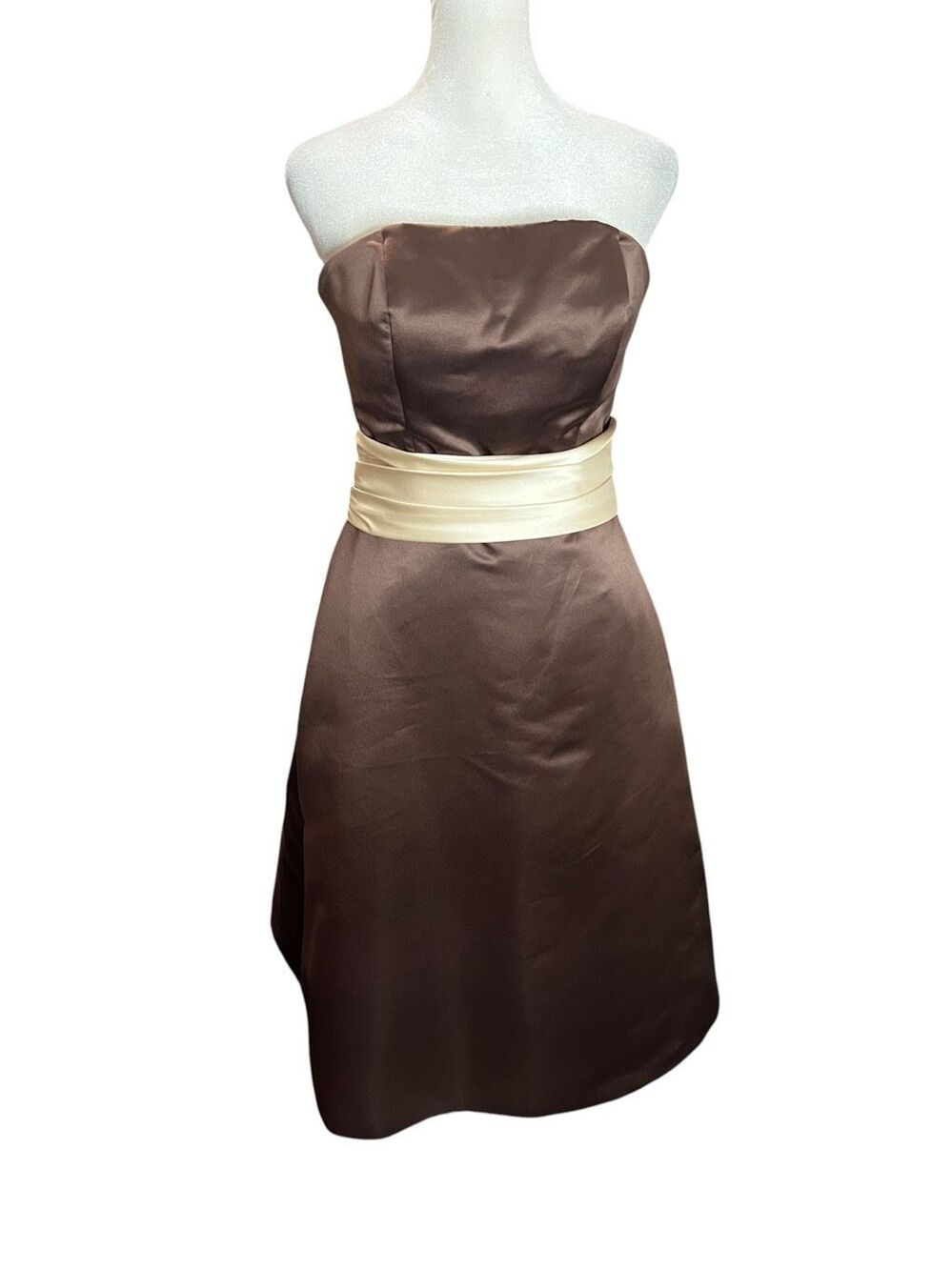 Bill Levkoff Chocolate Brown Satin Strapless Fit Flare Midi Dress Ivory Sash 6 - Picture 2 of 8